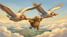 A turtle biting onto a stick held between two flying geese, soaring through the sky together