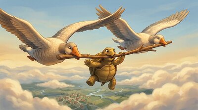 A turtle biting onto a stick held between two flying geese, soaring through the sky together