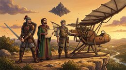 A warrior, a poet, and an engineer with his flying machine, looking toward a distant mountain