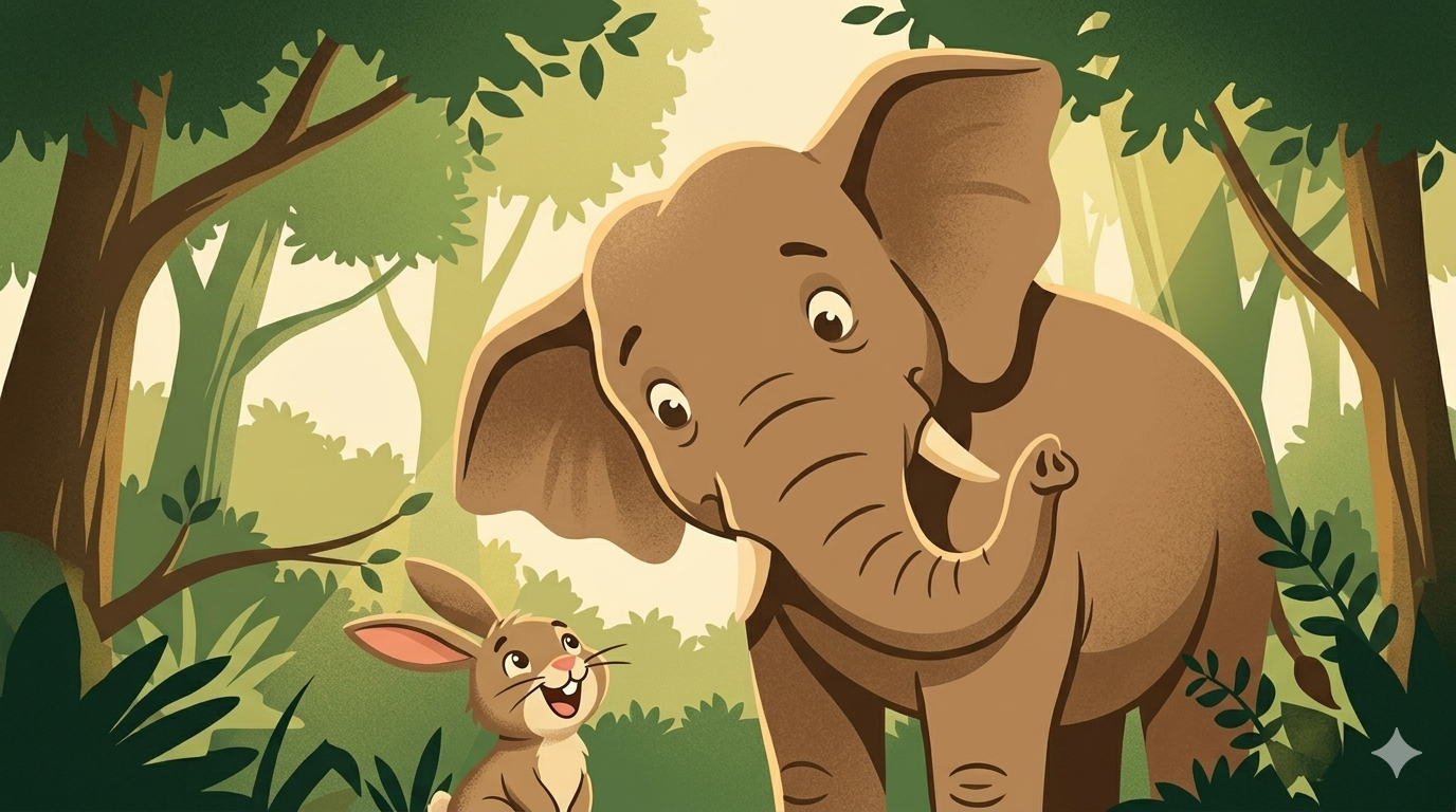 A confused elephant looks down at a small smiling rabbit in a sunlit forest