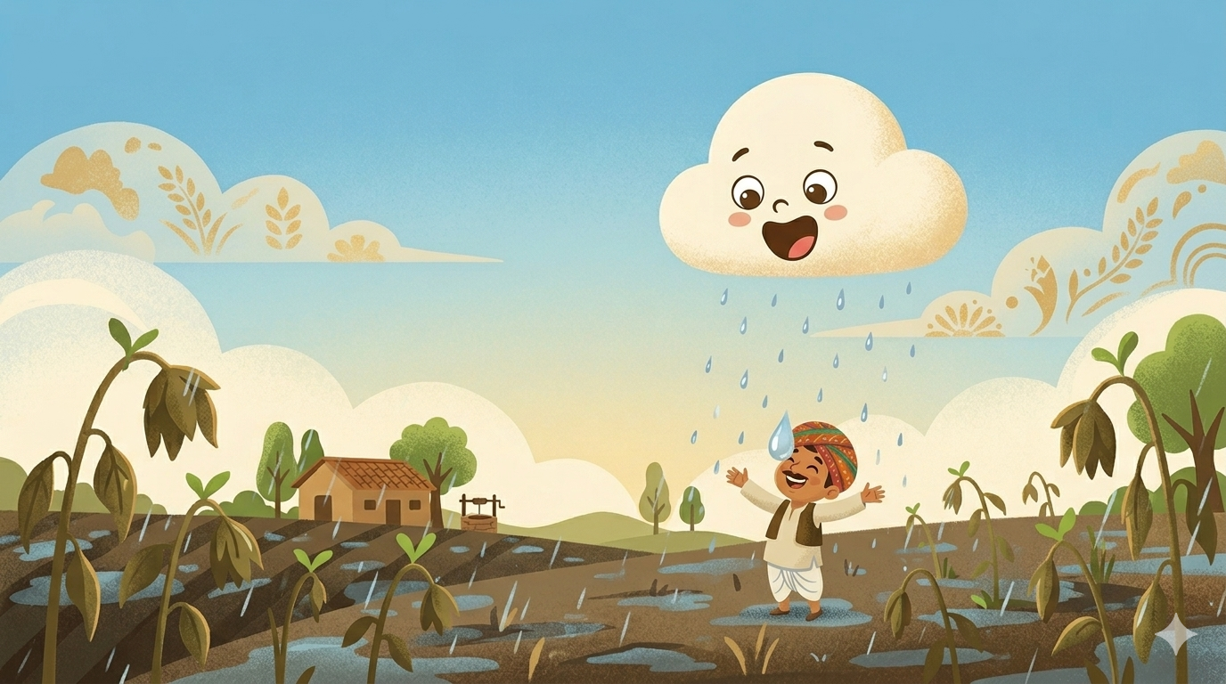 A small cloud rains for the first time as a farmer below tilts his face up smiling with a raindrop landing on his nose