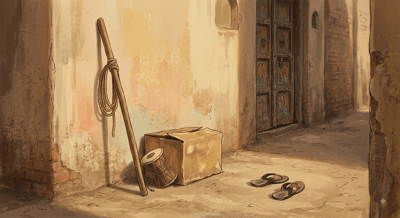 An empty afternoon street with a wooden stick and coiled rope leaning against a wall, an old cardboard box and a damroo resting nearby, and a pair of slippers left behind in the dust