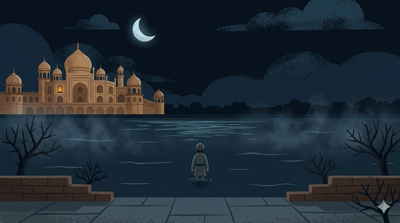A lone man stands waist-deep in the dark Yamuna river at night, looking toward a single glowing lamp in a distant palace window