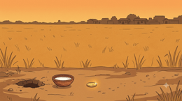 A dry agricultural field at dusk with a small clay bowl of milk placed beside a hole in the earth and a single gold coin glinting on the ground nearby while a village silhouette is visible far in the distance