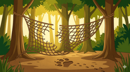 A hunter's net hangs broken and torn between three forest trees with a large paw print and a trail of tiny footprints visible on the ground below in warm afternoon light