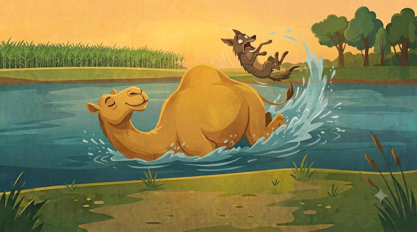 A large camel rolls calmly in the deepest part of a river while a jackal flies off its back in complete panic and shock with arms flailing and mouth open in surprise