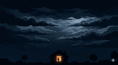 A vast dark cloudy night sky with no stars visible and a single small house below with one warm amber window glowing where a child's silhouette can be seen looking up
