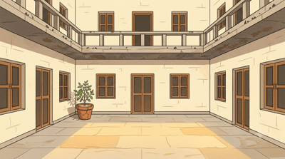 An old Indian two storey house courtyard stands empty in afternoon light with a dry cracked clay pot of tulsi in one corner and pigeon marks on the terrace railing above — the house between one family and the next