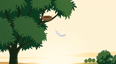 A large mango tree with an empty windswept nest in its branches and a tiny feather floating in the air below it while the warm afternoon sky stretches wide and open behind