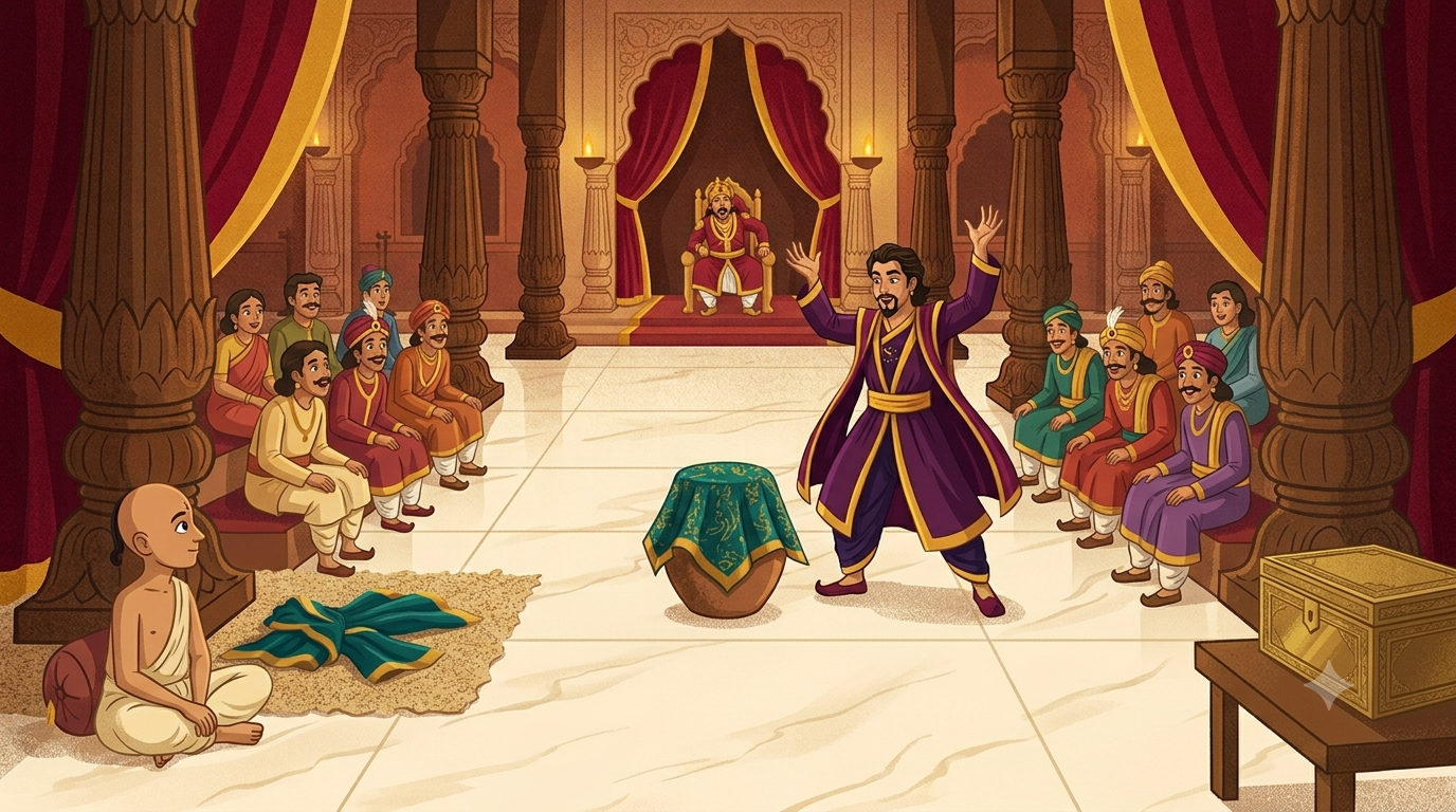 A royal court where everyone including the king leans forward watching a magician perform dramatically at the front while in one corner Tenali Raman sits completely still watching the brass box on the side with calm knowing eyes