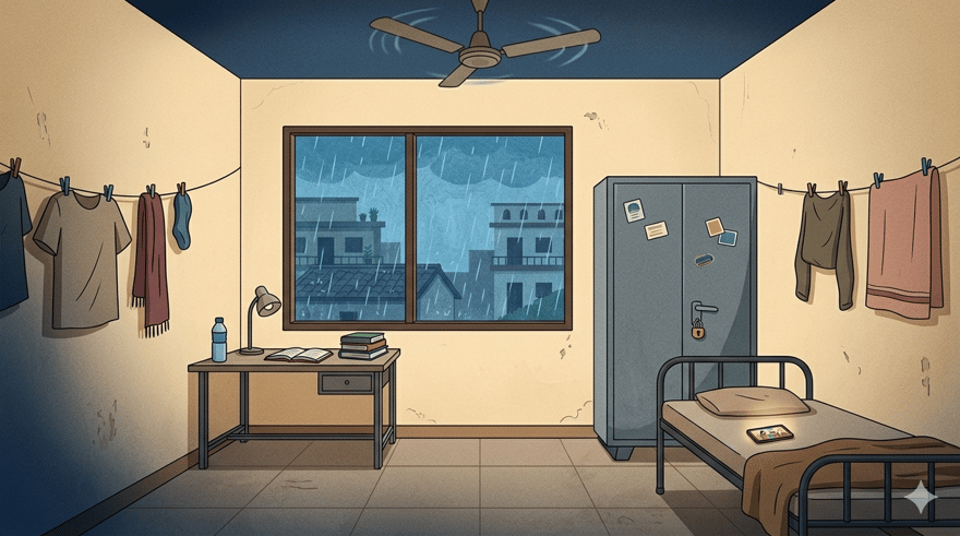 A quiet Indian hostel room with iron beds and a steel cupboard, heavy monsoon rain visible through the window, a phone glowing on an empty bed