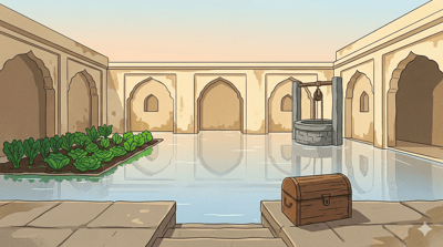 A small Indian courtyard flooded with water at dawn reflecting the pale sky with a well in the corner a freshly watered vegetable garden on one side and a wooden chest sitting dry on the steps