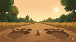 A jungle path with enormous elephant footprints on both sides and a tiny ant walking steadily through the middle carrying a single grain of rice in warm afternoon light