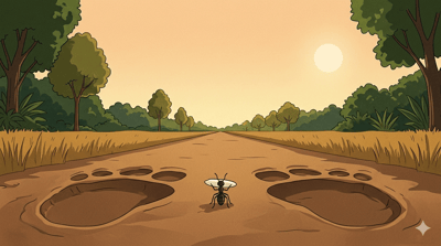 A jungle path with enormous elephant footprints on both sides and a tiny ant walking steadily through the middle carrying a single grain of rice in warm afternoon light