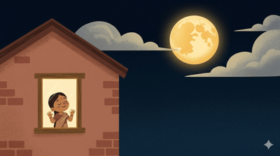 A small girl looks out of a glowing window at a full gold moon in a dark blue night sky above an Indian home