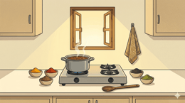 Two pairs of hands at an Indian kitchen stove — an older woman guiding a younger one, a pot of dal steaming between them in warm morning light