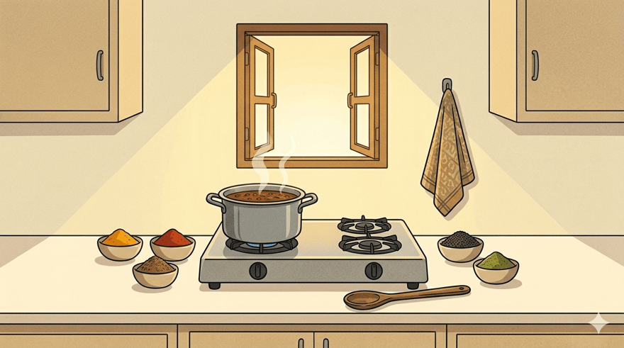 Two pairs of hands at an Indian kitchen stove — an older woman guiding a younger one, a pot of dal steaming between them in warm morning light