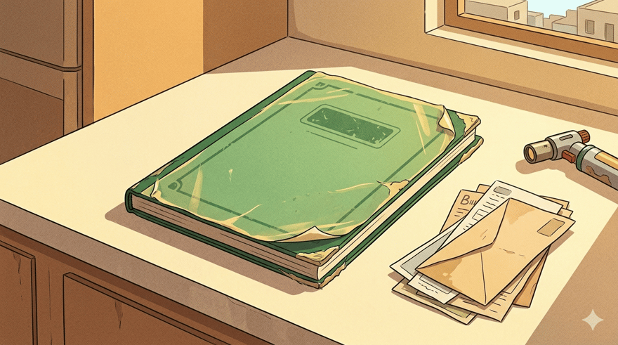 A worn green school exercise book with yellowed contact paper sits on a kitchen counter beside a stack of old bills and a small broken torch