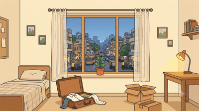 A sparse rented room viewed from inside with a window showing a busy city street outside a small potted plant on the windowsill a half unpacked suitcase and a warm lamp glow in the early evening