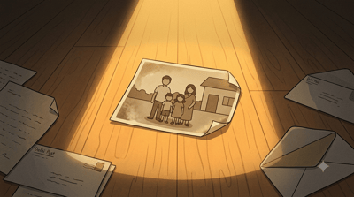 A small faded old family photograph with four silhouetted figures lies on a warm wooden floor in a shaft of afternoon light surrounded by scattered papers