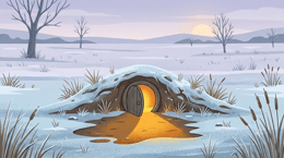 A small round mouse hole door stands slightly open in a cold frosty winter field with warm amber light spilling out onto the frost in front of it while the pale cold world stretches behind