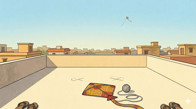 A young father and his seven-year-old daughter sit cross-legged on a rooftop terrace, an unflown gold and red kite between them on a winter afternoon