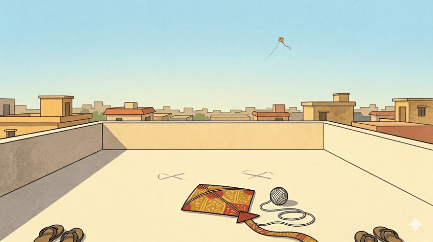 A young father and his seven-year-old daughter sit cross-legged on a rooftop terrace, an unflown gold and red kite between them on a winter afternoon