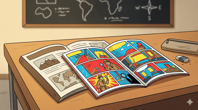 A colourful open comic book with illustrated panels lies on top of a dull open geography textbook on a school desk, blackboard blurred behind