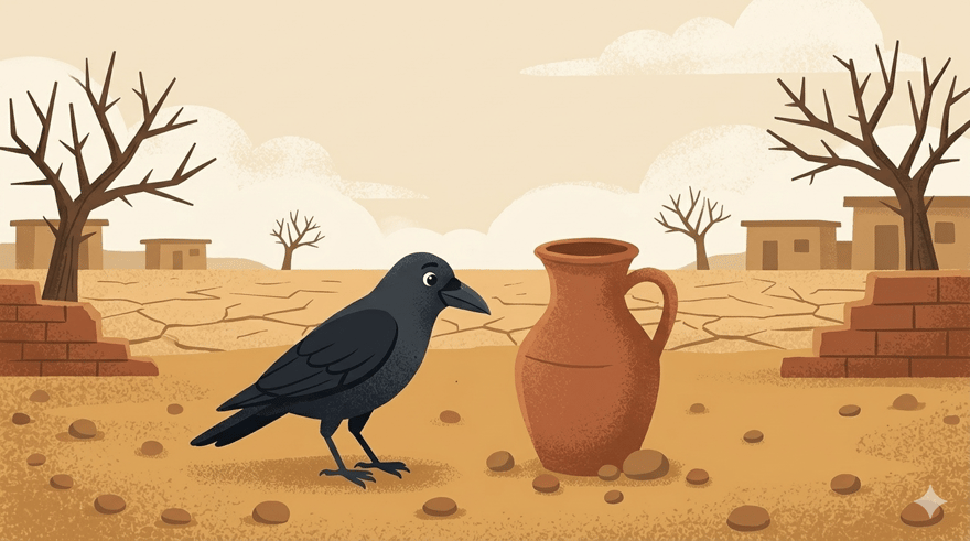 A black crow stands beside a tall clay pitcher in a dry dusty village garden, pebbles scattered on the cracked earth around him