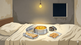 An open steel tiffin dabba on a simple bed in a sparse Delhi room, dal makhani inside, foil-wrapped roti and a small ziplock of biscuits beside it