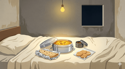 An open steel tiffin dabba on a simple bed in a sparse Delhi room, dal makhani inside, foil-wrapped roti and a small ziplock of biscuits beside it