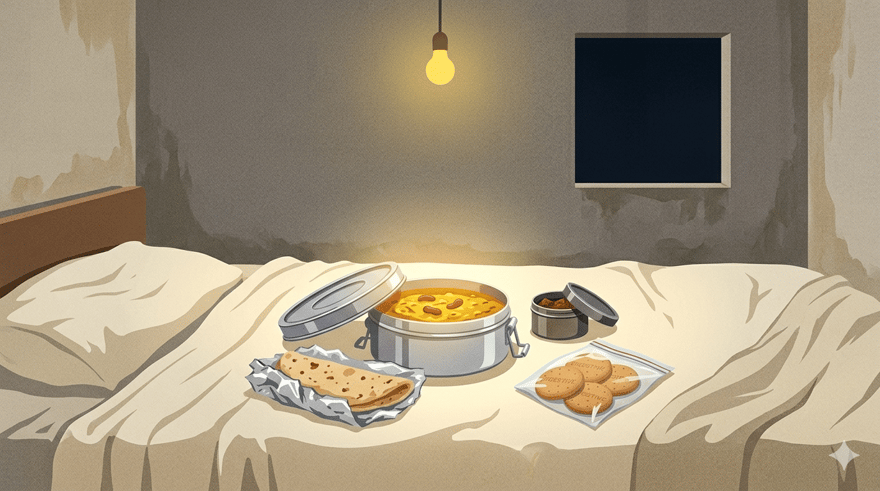 An open steel tiffin dabba on a simple bed in a sparse Delhi room, dal makhani inside, foil-wrapped roti and a small ziplock of biscuits beside it