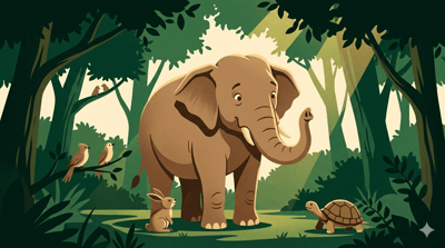 A large friendly elephant stands in a green forest surrounded by small animals looking up at him warmly