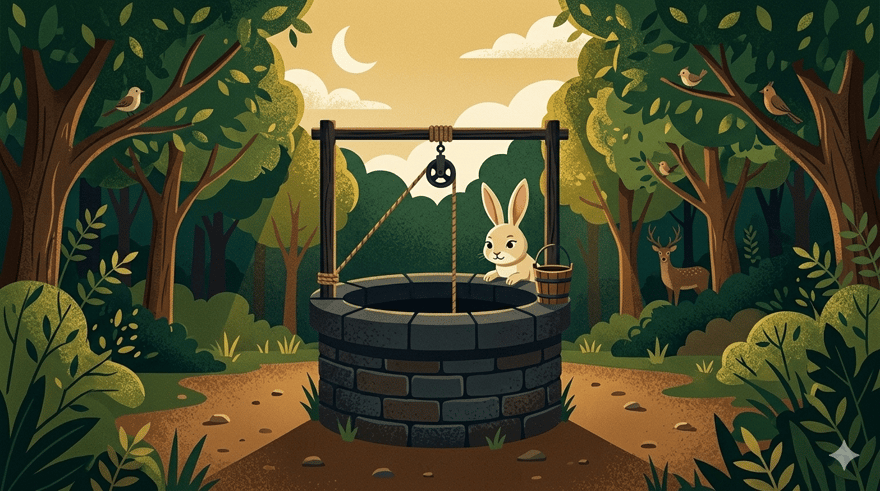 A small rabbit stands calmly at the edge of a deep stone well in a lush forest, birds and deer watching from the trees behind