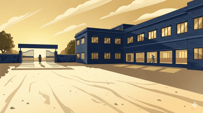 A lone student stands at an empty school gate in late afternoon golden light, school building behind, a sweeper visible in the corridor