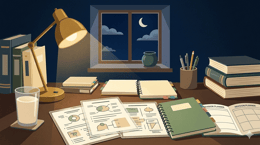 A student's desk late at night with colour-coded notebooks, laminated revision sheets, and an untouched glass of warm milk under a dim lamp