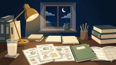 A student's desk late at night with colour-coded notebooks, laminated revision sheets, and an untouched glass of warm milk under a dim lamp