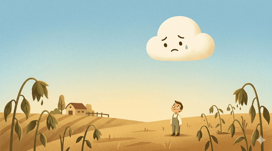 A small worried cloud floats over dry farm fields while a farmer looks up at the sky hoping for rain