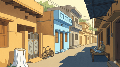 A narrow North Indian lane with old houses, one freshly repainted light blue, a gulmohar tree stump painted white, a child's bicycle at the gate