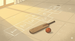 A child's cricket bat and rubber ball lying abandoned on a warm sunlit Indian floor with faint chalk stapu squares drawn nearby — mid-game — on a summer afternoon
