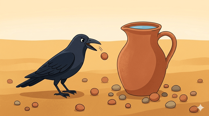 A black crow drops a pebble into a tall clay pitcher, water almost reaching the top, pebbles scattered on dry earth around it