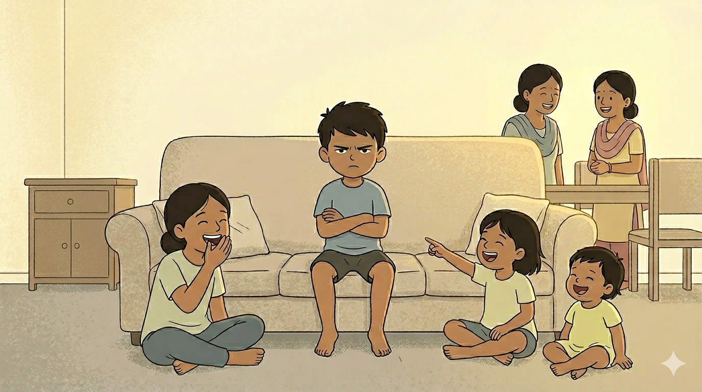 A boy sits with arms crossed on a sofa completely convinced while two girls laugh expressively and a tiny toddler giggles along in a warm Indian living room in the evening