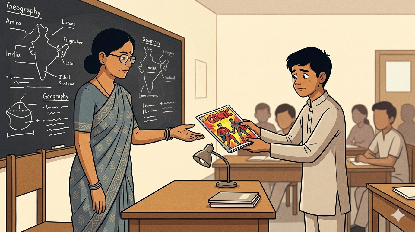 A calm teacher holds out her hand as a teenage boy hands over a comic book at the classroom door, other students watching in the background