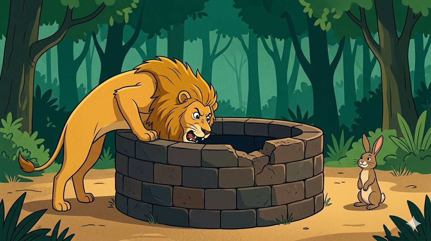 A furious lion leans over a deep stone well while a small calm rabbit watches safely from behind in a forest clearing