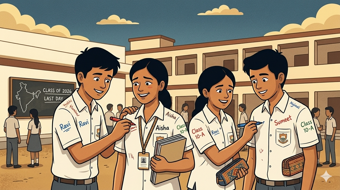 A group of teenagers in white school uniforms sign each other's shirts with markers in the golden afternoon light outside their school building