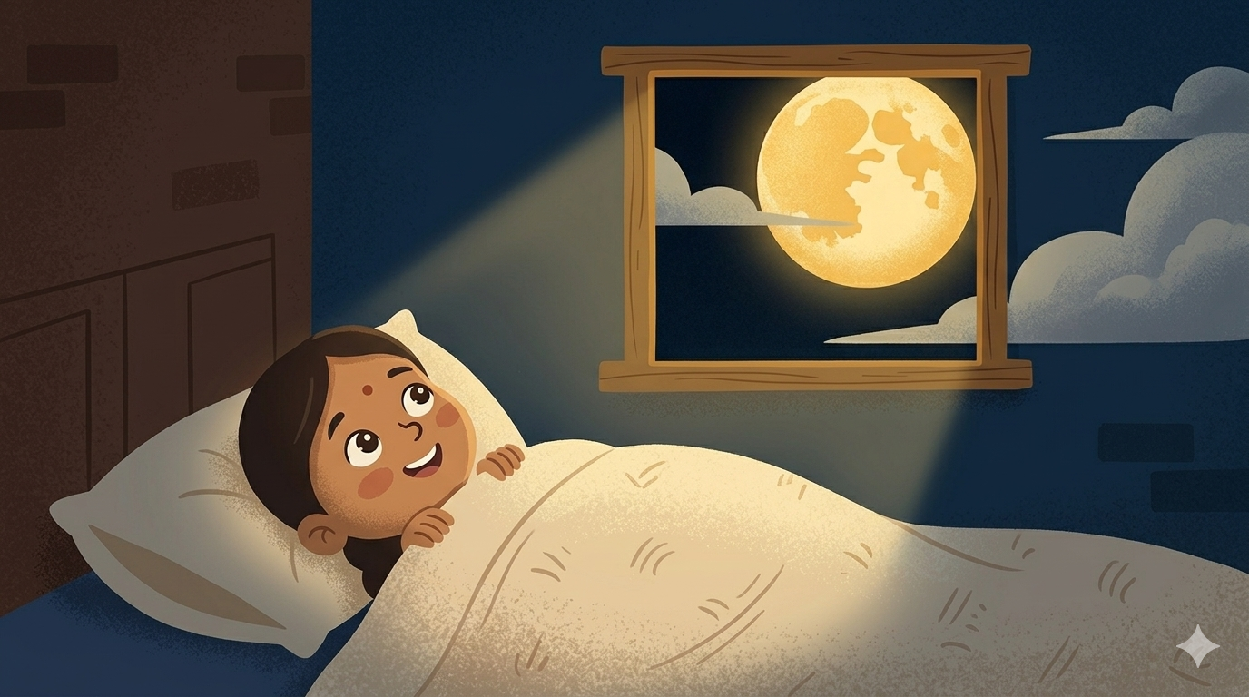A little girl lying in bed smiles with relief as the full moon reappears outside her window in the dark night