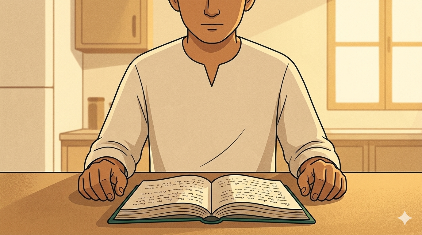 A person sits at a kitchen table looking at an open worn green exercise book with small handwritten notes on its pages