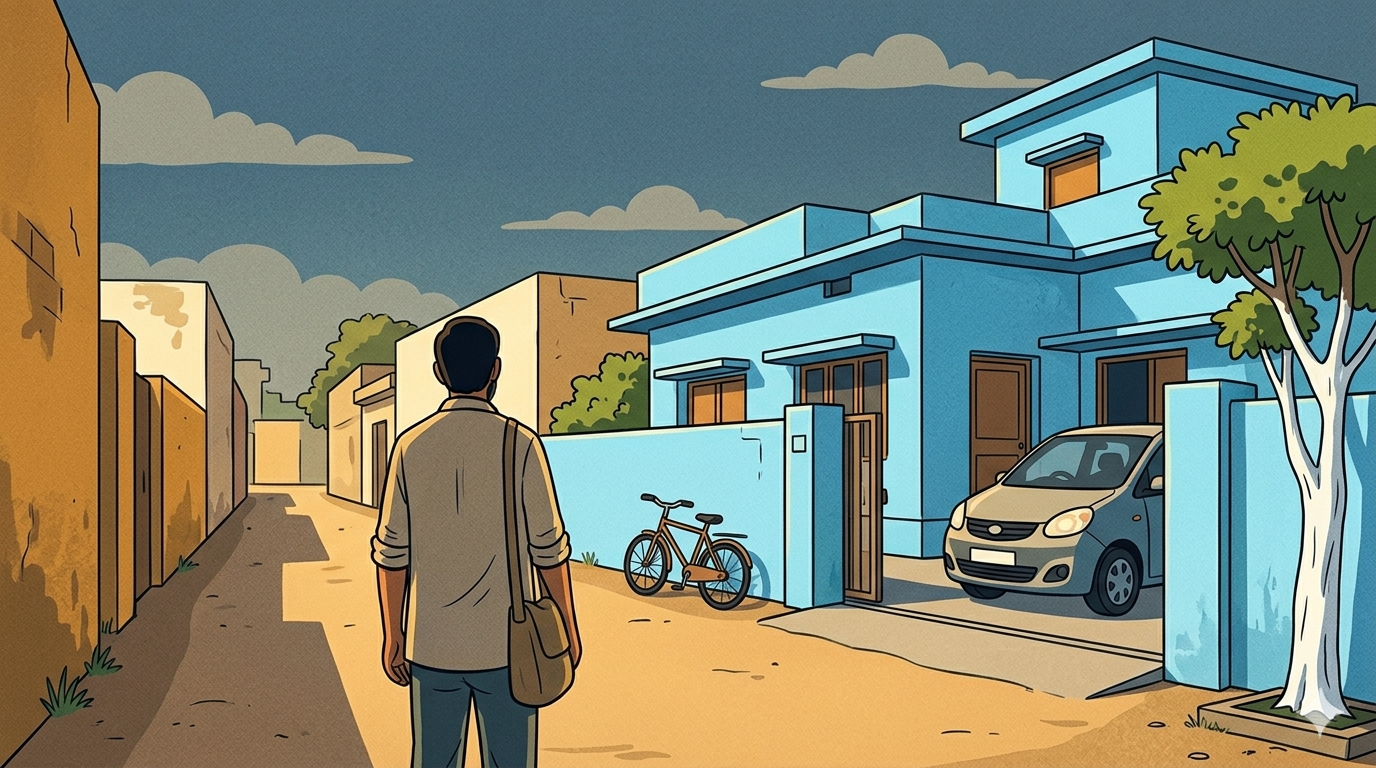 A person stands with their back to the viewer looking at a freshly repainted light blue house in a quiet narrow Indian lane