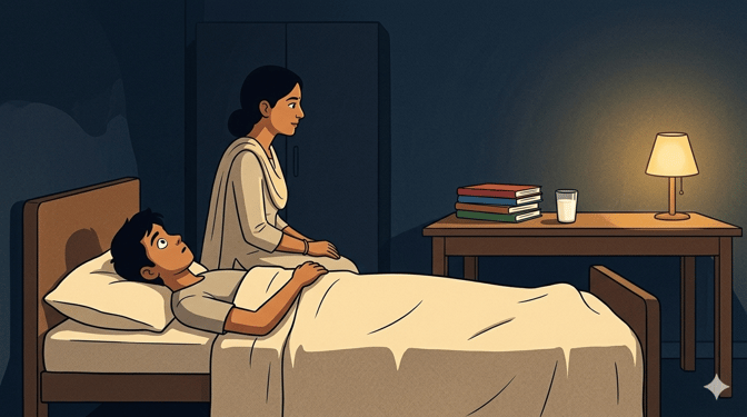 A teenage boy lies awake in a dim bedroom while his mother sits calmly on the edge of the bed beside a desk stacked with colour-coded notebooks