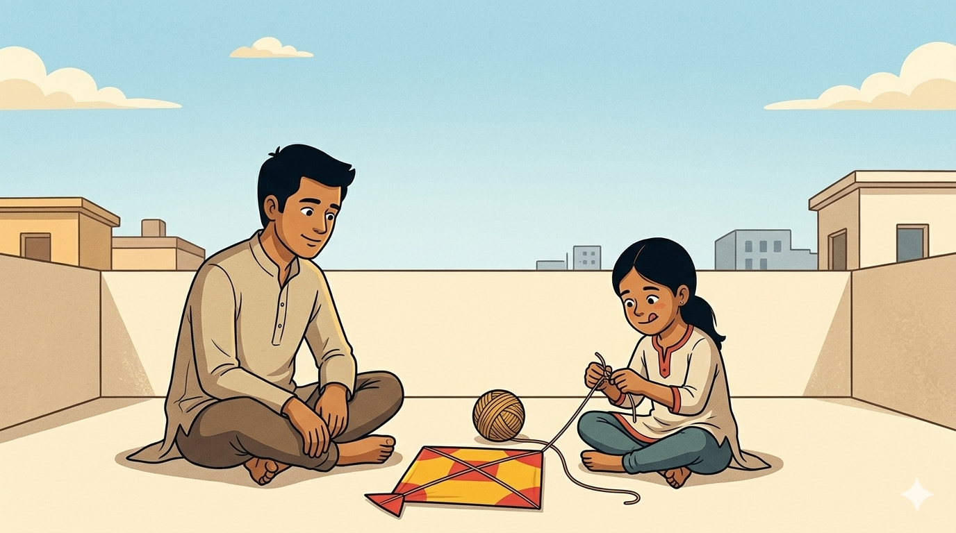A young father watches patiently as his seven-year-old daughter concentrates on tying a knot on a gold and red kite on a rooftop terrace